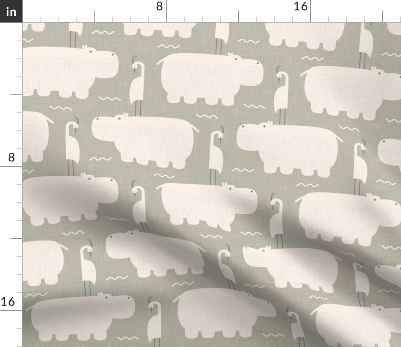 Whimsical Animals Geometric Nursery Baby Lake Water Hippo Zoo Shower Green Sage Crosshatch Custom Printed Fabric by Spoonflower Various Fabrics by the Yard or Fat Quarter